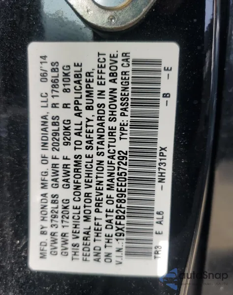 2014 Honda Civic Ex из США, поврежденный, VIN 19XFB2F89EE057292